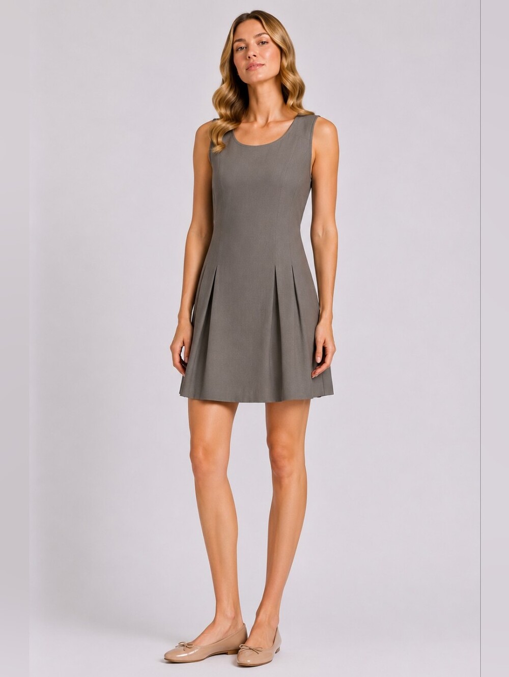 Theory Size 6 Sleeveless Wool Pleated Mini Dress in Taupe Gray